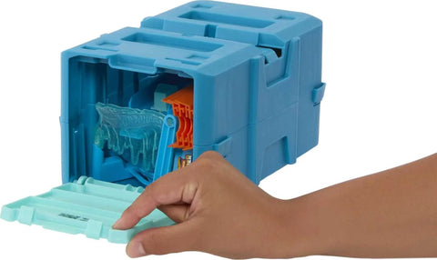 Hand opening blue storage box of Track Builder Ice Crash Playset With One Sixty Four Scale Vehicle And Ten Component Parts For Kids