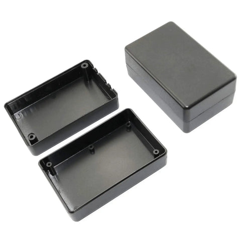 Waterproof Electrical Junction Box Set Built Tough With Durable ABS Plastic For DIY Projects And Power Supplies, Weatherproof Dustproof Enclosures, 3.15 x 1.97 x 1.38 In, Snap Ring Design For Clean Safe Cable Runs. Open and closed black ABS junction boxes