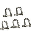 Five Badass Heavy Duty 304 Stainless Steel Screw Pin D Shackles for rigging and lifting, showing a shiny, durable design.