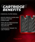 Replacement Carbon Cartridge 2 Pack for Venti VDA-02 03 04 Filtration Freshwater and Saltwater Aquariums next to benefits list.