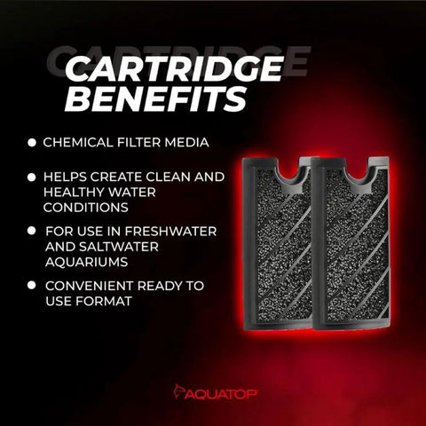 Replacement Carbon Cartridge 2 Pack for Venti VDA-02 03 04 Filtration Freshwater and Saltwater Aquariums next to benefits list.