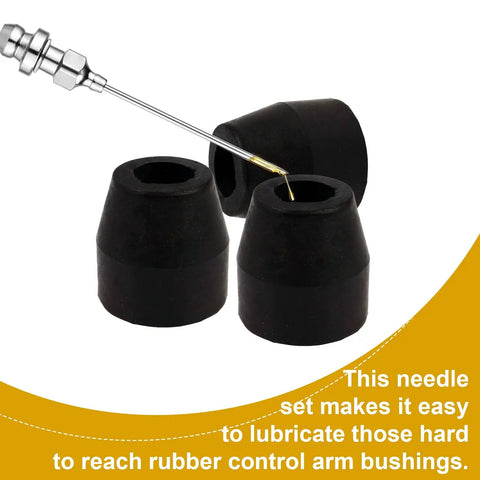 Five Piece Grease Gun Needle Tip Adapter Kit with black rubber caps and needle, ideal for tight narrow spaces and deep holes