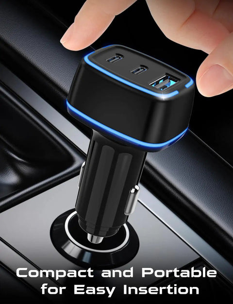 Super Slim 3 Port USBC Car Charger With Dual PD 20W Fast Charging And Quick Charge Adapter plugged into a car socket.