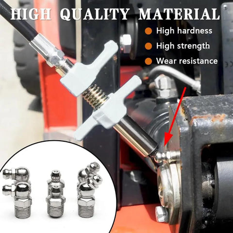 Pro Grade Heavy Duty Grease Fittings Kit With Straight And Angled Zerk Adapters on machinery, showcasing adapter and fittings.