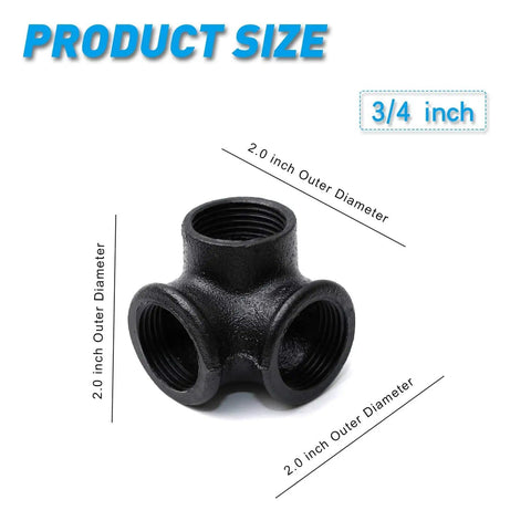 Three Quarters Inch Black Side Outlet Elbow Three Way Corner Pipe Fitting For Industrial Vintage Style Diy Projects In Furniture Shelving And Home Decor Cast Malleable Iron product size diagram