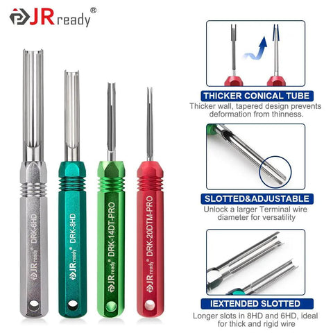 Deutsch Connector Tool Kit for DT DTM DTP DTV HD Series with Pin Removal Tool featuring DRK-RT1 Release Tool in various colors.