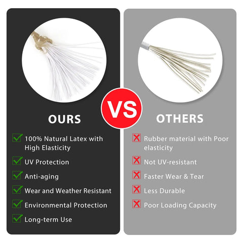 Comparison of 6 Inch Tarp Bungee Cords With Toggle Balls Heavy Duty 50 Pack with natural latex and competitor rubber material