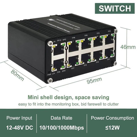 10 Port Gigabit Ethernet Switch Industrial Grade Unmanaged Network Hub with Din Rail or Wall Mount rugged case dimensions