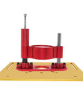 Heavy Duty Router Table With Crank Handle Lifting Kit And Game Changer Precision Woodworking Insert Plate, featuring red crank mechanism on gold base.