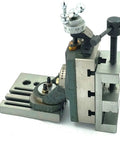 Beefy Cast Iron Mini Vertical Milling Slide With Two Inch Steel Vise And Swivel Base For 7 X 14 Mini Lathe Machine Quick Cross Slide Swap Plug And Play Setup close-up view with features highlighted.