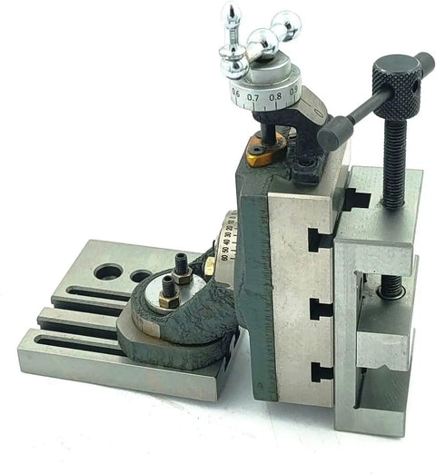 Beefy Cast Iron Mini Vertical Milling Slide With Two Inch Steel Vise And Swivel Base For 7 X 14 Mini Lathe Machine Quick Cross Slide Swap Plug And Play Setup close-up view with features highlighted.