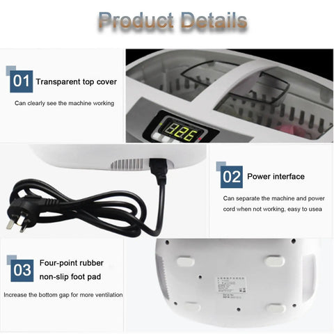 Pro Grade Digital Ultrasonic Cleaner With Heater 2.5L Large Capacity And 5 Timer Settings, top view with digital display, power cord, and non-slip pads.