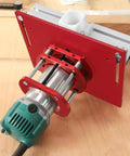 Heavy Duty Router Lift Kit And Flip Plate Insert With Smooth Height Tuning For 65 mm Motor Bodies mounted on a router.
