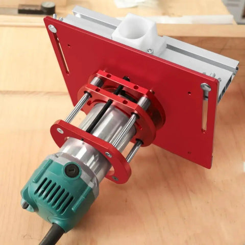 Heavy Duty Router Lift Kit And Flip Plate Insert With Smooth Height Tuning For 65 mm Motor Bodies mounted on a router.