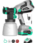 20V Cordless HVLP Paint Sprayer Gun with 4.0 Ah Battery and Charger, grey and teal design, includes nozzles and accessories.