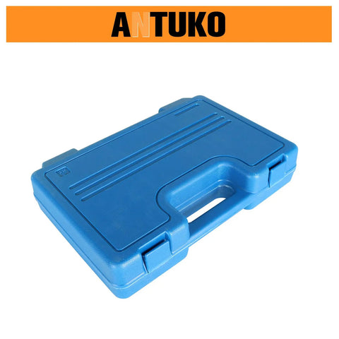 Blue plastic case for Fork Seal Driver Tool Kit 35mm-50mm Universal For Most Motorcycles And Bikes Easy Install Precise Oil Seal Alignment For Front Fork Prevents Leaks Ride Ready DIY Maintenance Replacement, with handle and clasps.
