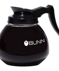 Glass 12-Cup Commercial Coffee Decanter for 12-Cup Brewers Black Cap and Handle 64-Ounce Shatter-Resistant Glass Pro-Grade Build Durable Easy Pour for Professional Cafes shown from side view