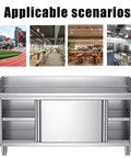 Heavy Duty Stainless Steel Prep Table With Cabinet And Splash Guard Slick Commercial Kitchen Workbench, showcasing versatility in various settings.