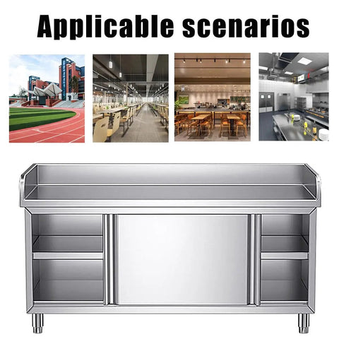 Heavy Duty Stainless Steel Prep Table With Cabinet And Splash Guard Slick Commercial Kitchen Workbench, showcasing versatility in various settings.
