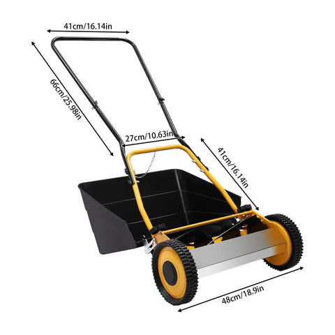 14 Inch Manual Push Reel Lawn Mower With Collection Bag And Sweeper For Easy Yard Work No Fuss 4 Sharp 5 Edged Blades For Lawns Gardens Yards Parks Golf Courses Sidewalks Driveways, black and yellow, 48cm wide