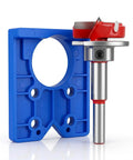 Heavy Duty 35mm Concealed Cabinet Door Hinge Drill Jig Kit With Forstner Guide Template showing blue mounting jig and carbide cutter.