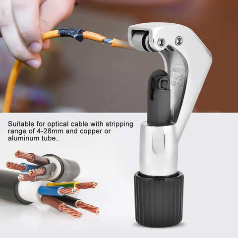 Heavy Duty Cable Stripper Wire Cutter For 4-28mm Optical Copper And Aluminum Tubes Precision Electrical Stripping Tool in use.