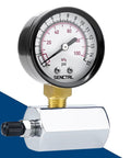 SENCTRL gas pressure test gauge, front view, 2" dial, 3/4" FNPT brass valve, chrome-plated steel body.