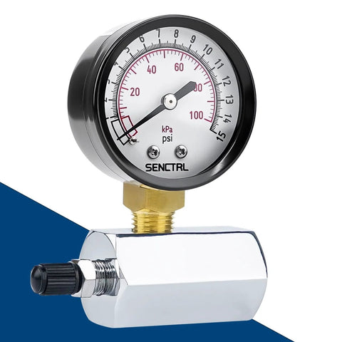 SENCTRL gas pressure test gauge, front view, 2" dial, 3/4" FNPT brass valve, chrome-plated steel body.