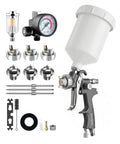 Pro Grade Gravity Feed Air Paint Sprayer Gun Kit featuring 1.3 1.5 1.7 Mm Swappable Tips and Built In Oil Water Separator