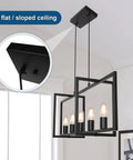 Modern Farmhouse Kitchen Island Chandelier with Industrial Matte Black Finish Open Geometric Frame 5 Light Island Light Fixture for Dining Room Kitchen and Living Room Adjustable Height for a Cool Rugged Yet Elegant Home Vibe hanging from ceiling in modern room