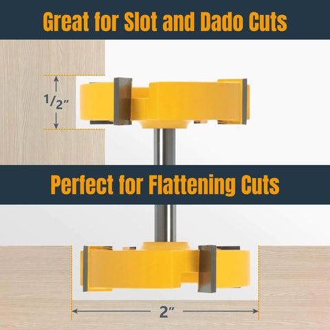 Side view of carbide-tipped Slab Flattening Router Bit, One Quarter Inch Shank, Two Inch Diameter, One Half Inch Cutting Depth for CNC wood surfacing.