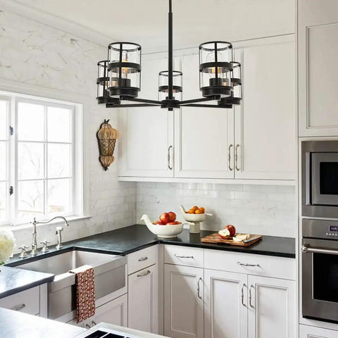 Five Light Pendant Lighting Fixture With Vintage Farmhouse Clear Glass Shades in kitchen setting