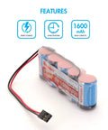 Two Pack 6V NiMH RC Receiver Battery Pack With Hitec Connector 1600mAh High Capacity Flat Side By Side RX Battery visible