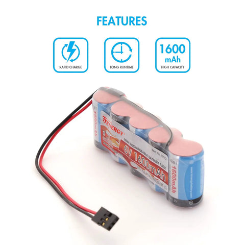 Two Pack 6V NiMH RC Receiver Battery Pack With Hitec Connector 1600mAh High Capacity Flat Side By Side RX Battery visible