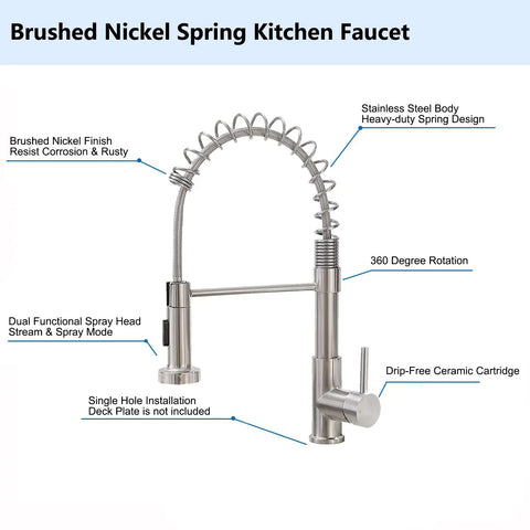 Brushed Nickel Kitchen Faucet With Pull Down Sprayer, Heavy Duty Commercial Style, Single Handle Spring Design, stainless steel