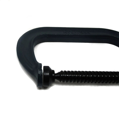 Clamp With Six Inch Jaw Opening And Four Inch Throat Drop Forged Heavy Duty Beast Of A Clamp With 6600 Pound Clamping Force Powder Coated Finish Smooth Spindle For Easy Adjustments Pro Grade For Woodworking And Metalworking Projects black drop-forged clamp close-up
