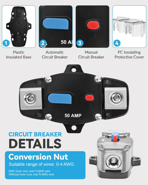 Badass 150 Amp Circuit Breaker With Manual Reset Waterproof Inline Fuse Protector For Marine Trolling Motors Boat And Atv Rigs Rig Ready Surface Mount 12V To 48V Dc No Sweat Engine Protection with plastic base and manual reset.