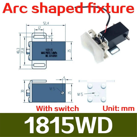 Heavy Duty Mechanical Arm Gripper Cylinder With Magnetic Clamp For Parallel Clamping Clip Compatible With 1210 1205PT WD 1815 1820 Series Arc 1815WD M5 6 Fittings One Piece Ready To Install, shown in technical drawing and photo with switch and dimensions.