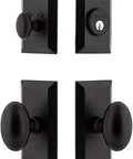 Vale Short Plate Combo Pack With Aeg Knob In Black Iron, showing front view of sleek modern door hardware set with cast iron finish.