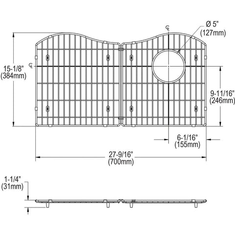 Diagram of Heavy Duty Stainless Steel Bottom Grid For Kitchen Sink 27-9/16 In By 15-1/8 In By 1-1/4 In Custom Sized To Fit Specific Sink Bowls.