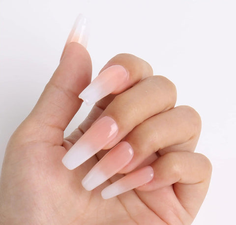 Hand with long ombre nails using HEMA Free Builder Gel Kit With 6 Colors 15ml Each For Nail Extensions, UV LED Compatible DIY Starter Set
