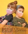Kids wearing Kids Face Masks Pack Of 50 Three Ply Disposable With Colorful Designs, Snug Nose Wire for ages 10 to 15, back to school use