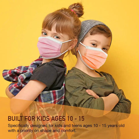 Kids wearing Kids Face Masks Pack Of 50 Three Ply Disposable With Colorful Designs, Snug Nose Wire for ages 10 to 15, back to school use