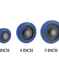 Set of 4 Heavy Duty Caster Wheels for Furniture and Industrial Equipment, showing 3 to 5 inch rubber wheels in three sizes