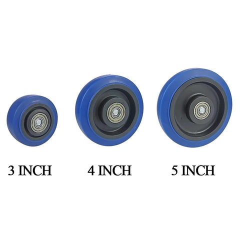 Set of 4 Heavy Duty Caster Wheels for Furniture and Industrial Equipment, showing 3 to 5 inch rubber wheels in three sizes