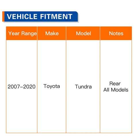 Vehicle fitment chart for 2007-2020 Toyota Tundra rear models for Rear Wheel Bearing Hub Assembly Pair For 2007 To 2020 Tundra DIY Friendly Beefed Up Heavy Duty Replacement With Sealed Bearings Easy Install Long Lasting Performance Ideal For DIY Or Shop Service