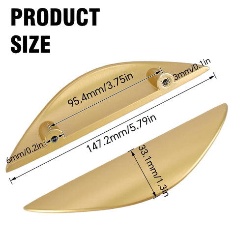 4 Pack Brushed Gold Crescent Cabinet Pulls With 5.79 Inch Overall Length And 3.75 Inch Hole Centers product dimensions diagram