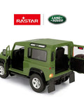 Rear view of green Land Rover Defender RC Car One Fourteenth Scale Remote Control Toy Model with open doors and logos visible
