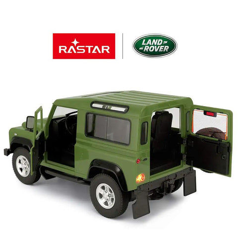 Rear view of green Land Rover Defender RC Car One Fourteenth Scale Remote Control Toy Model with open doors and logos visible