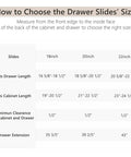 Chart showing dimensions for Six Pairs Heavy Duty 20 Inch Drawer Slides With Full Extension Rails And Glides Ball Bearing Side Mount 100 lb